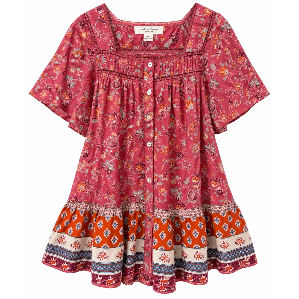 BeachLunchLounge S Floral Boho Tunic Top Pink Orange Border Print